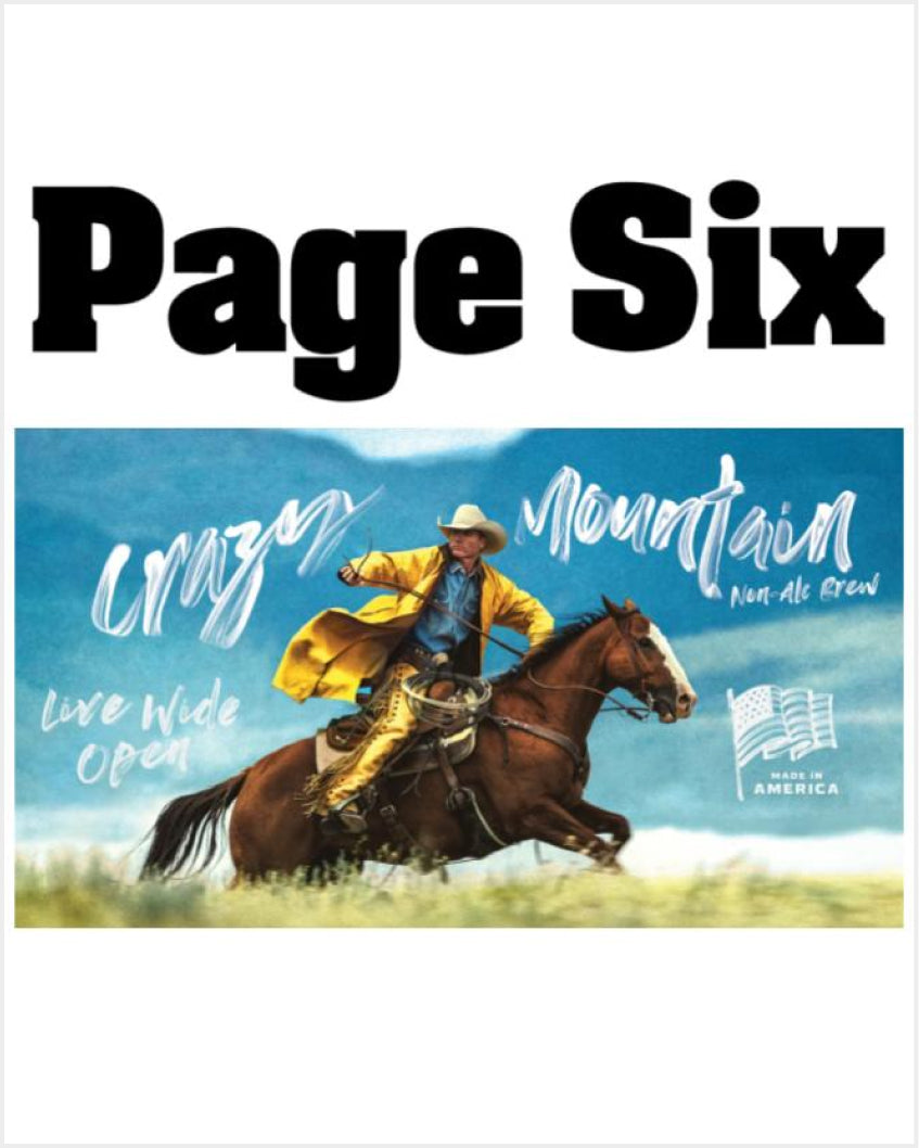 Cowboy in a yellow jacket galloping a horse across grassy plains with Crazy Mountain branding and Made in America flag