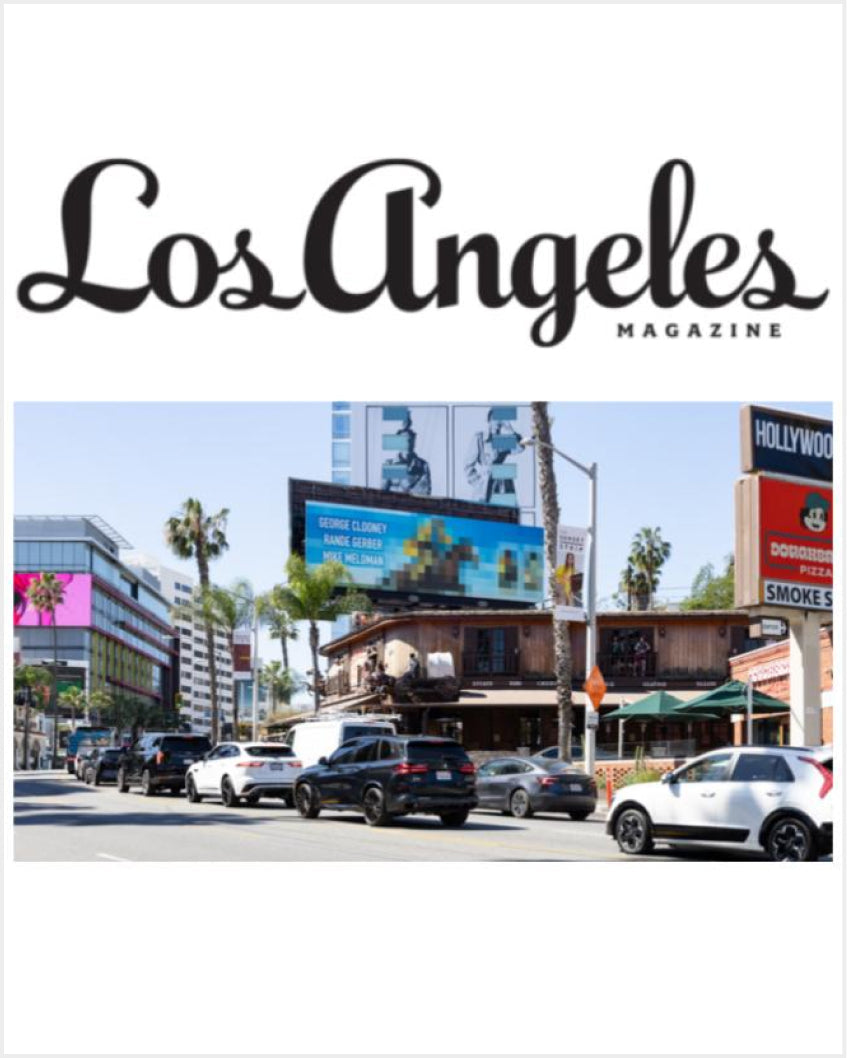 Los Angeles Magazine masthead over a daytime street photo of cars, palm trees, and billboards on Sunset Boulevard in Los Angeles