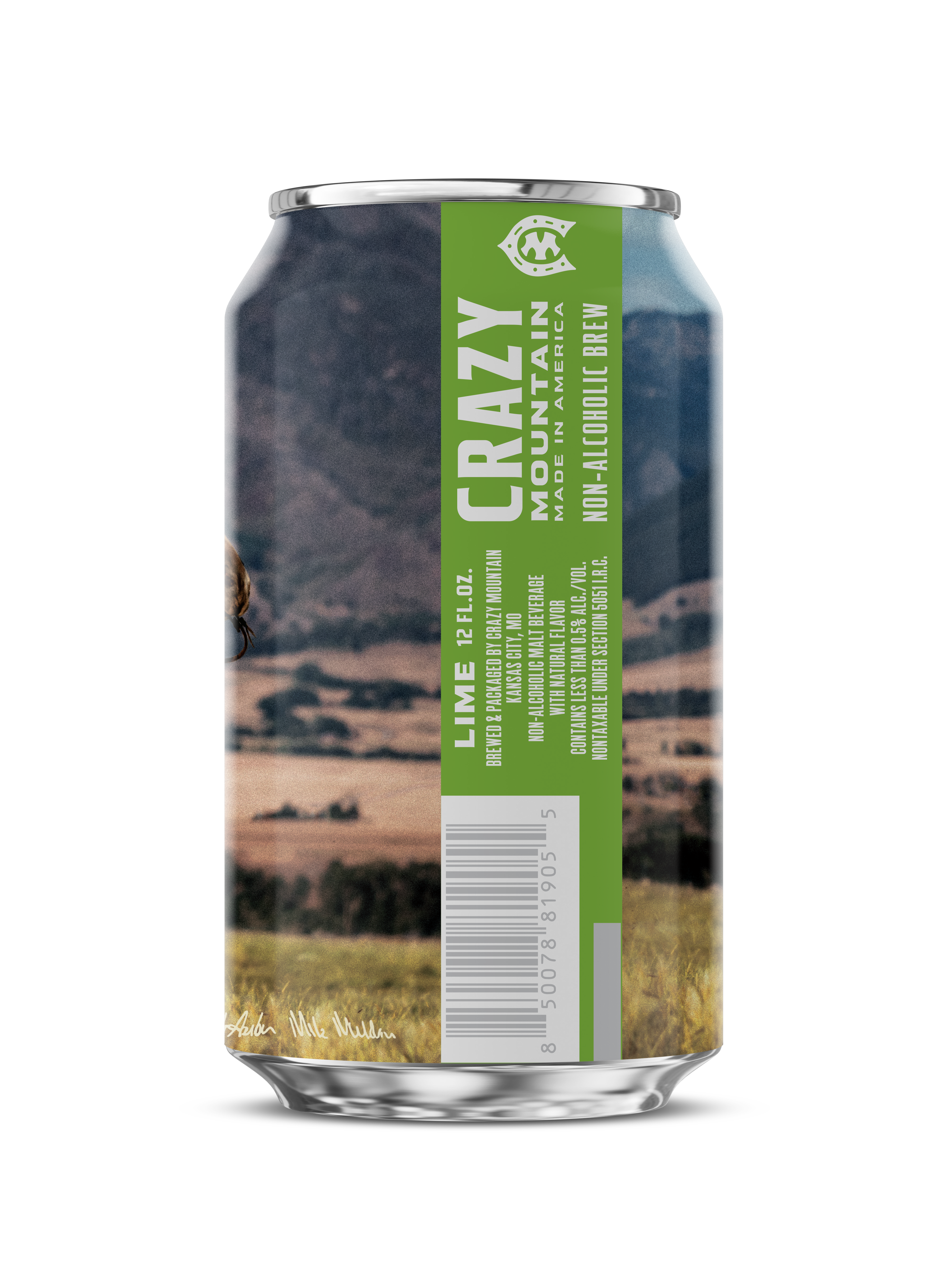 Can label reads 'CRAZY MOUNTAIN' 'MADE IN AMERICA' 'NON-ALCOHOLIC BREW' and 'LIME 12 FL. OZ.'