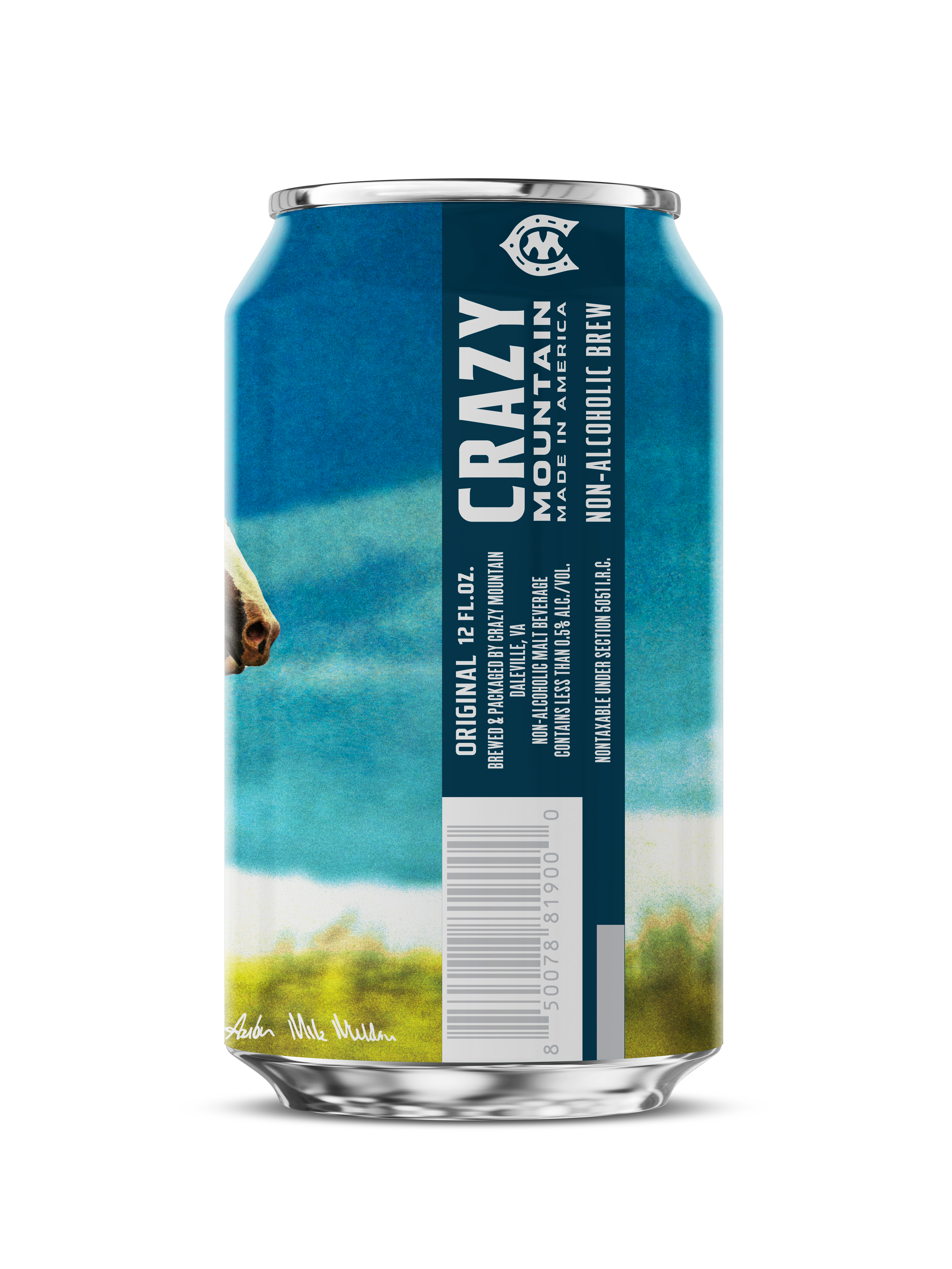 Side view of Crazy Mountain Original 12 FL. OZ., Made in America, non-alcoholic brew can with vertical branding, cow nose illustration and landscape artwork