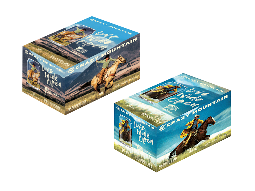 Angled view of two Crazy Mountain mixed 12-pack boxes of non-alcoholic beer with cowboy artwork and 'Live Wide Open' branding on white background