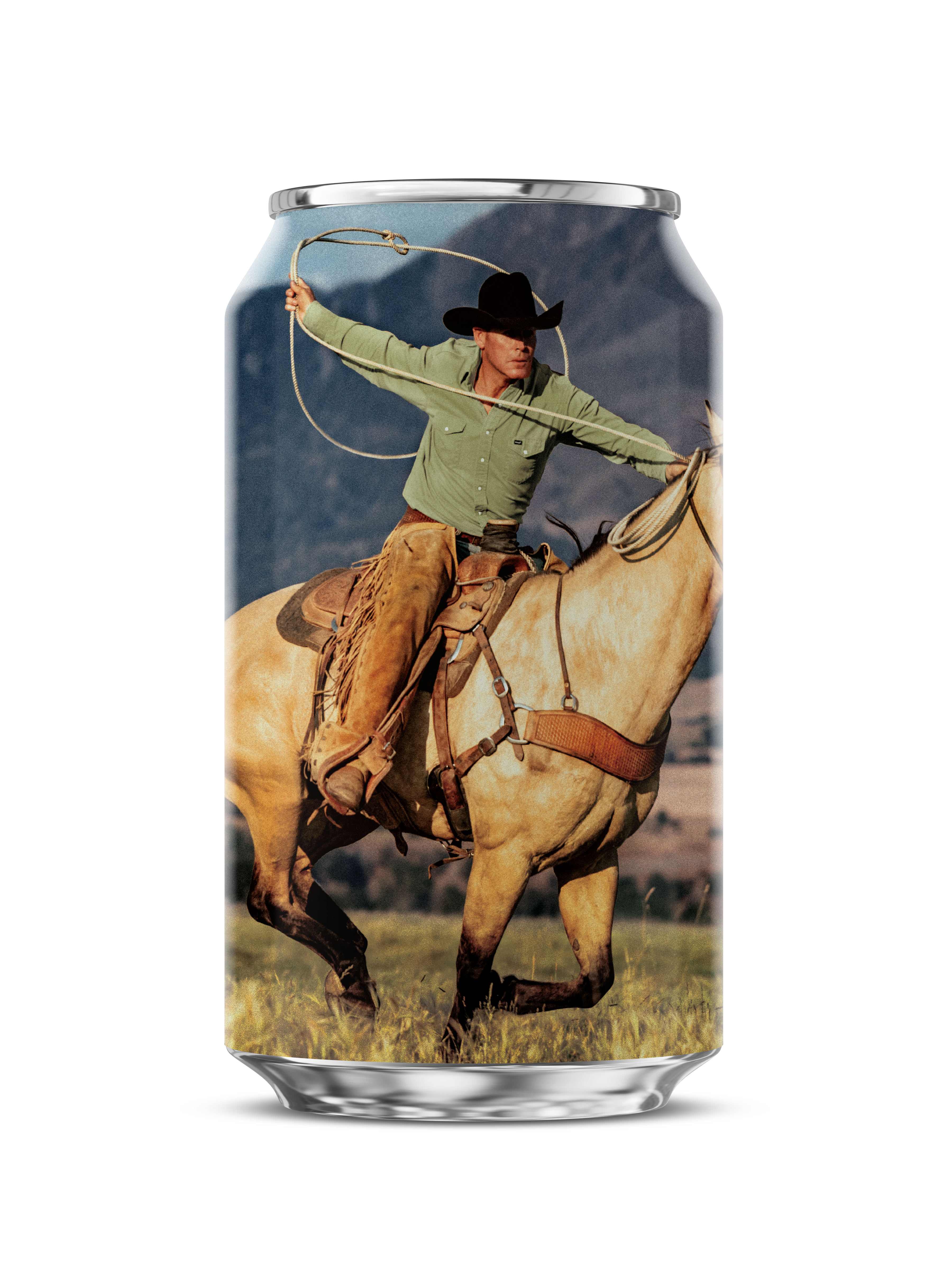 Cowboy in black hat lassoing while riding a tan horse, photo wrapped as a label on an aluminum beverage can.