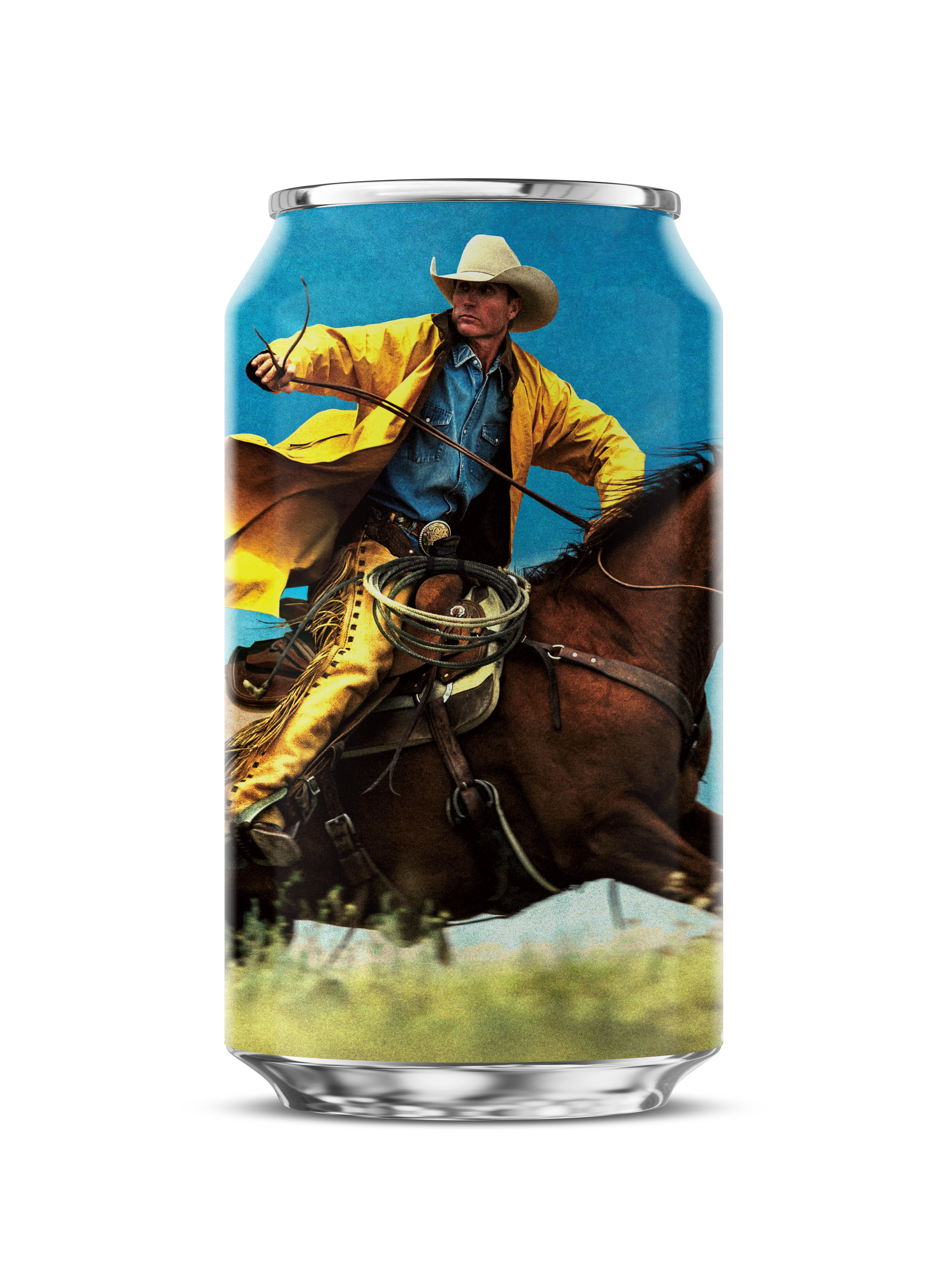 Beverage can label showing a cowboy in a blue shirt lassoing while riding a light-brown horse