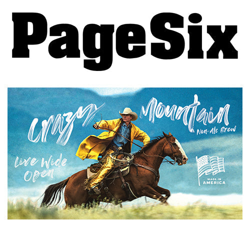 Cowboy galloping on a horse in a grassy field with “Crazy Mountain” branding and “Live Wide Open” overlay for a non-alc beer ad