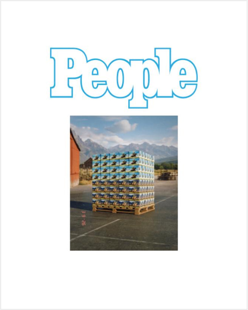 Magazine-style cover reading 'People' above a photo of stacked pallets of canned beer on wooden pallets in a parking lot with mountains in the background