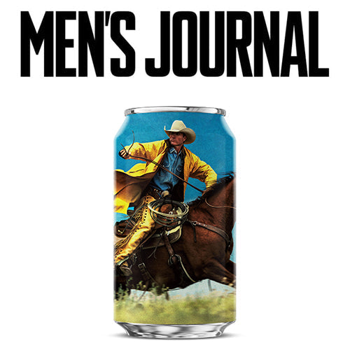 Banner showing MEN’S JOURNAL headline above a Crazy Mountain non-alc beer can with cowboy artwork