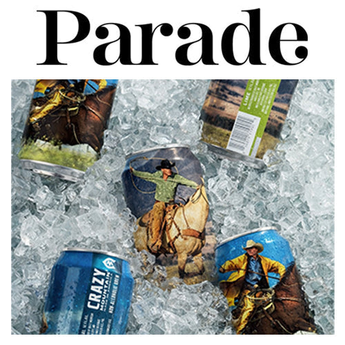 Parade headline over photo of Crazy Mountain cans in crushed ice showing cowboy artwork and brand name