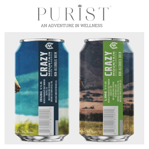 Front and back view of Purist non-alcoholic beer cans showcasing landscape can artwork with light gray background