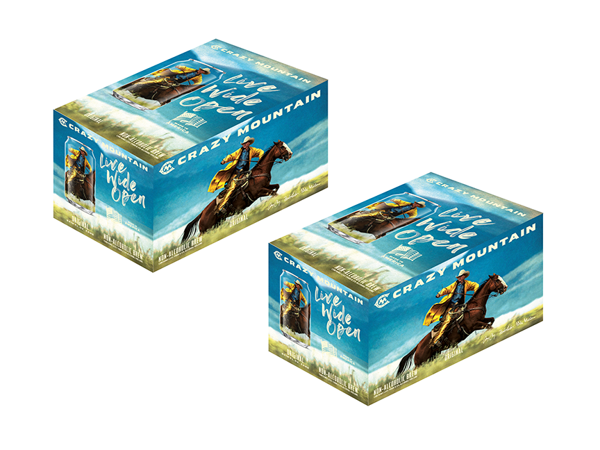 Two CRAZY MOUNTAIN beer boxes showing 'Live Wide Open' slogan and non-alcoholic beer packaging artwork.