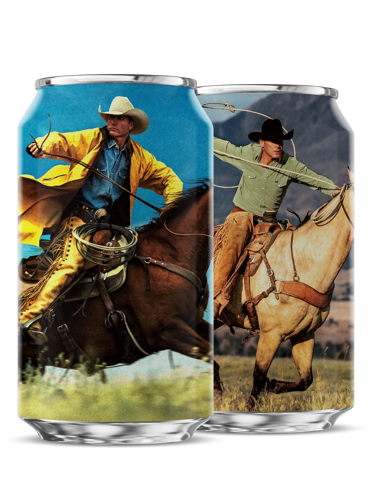 Front view of two Crazy Mountain non-alcoholic beer cans showcasing cowboy label artwork and photographic wraparound design