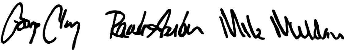 Signatures in black pen of 'George Clooney', 'Rande Gerber' and 'Mike Meldman'. 